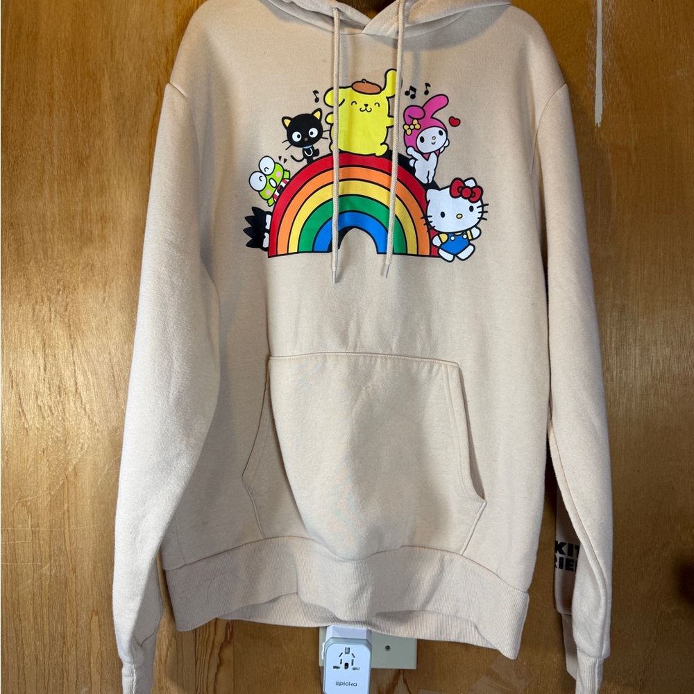 HELLO KITTY AND FRIENDS MULTICOLOR GRAPHIC TAN PULLOVER SWEATSHIRT HOODIE M